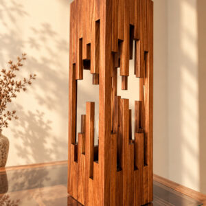 Architecturale houten lamp in warm zonlicht
