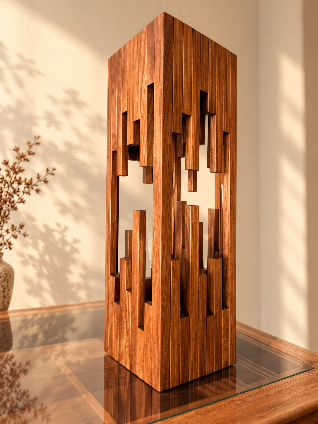 Architecturale houten lamp in warm zonlicht