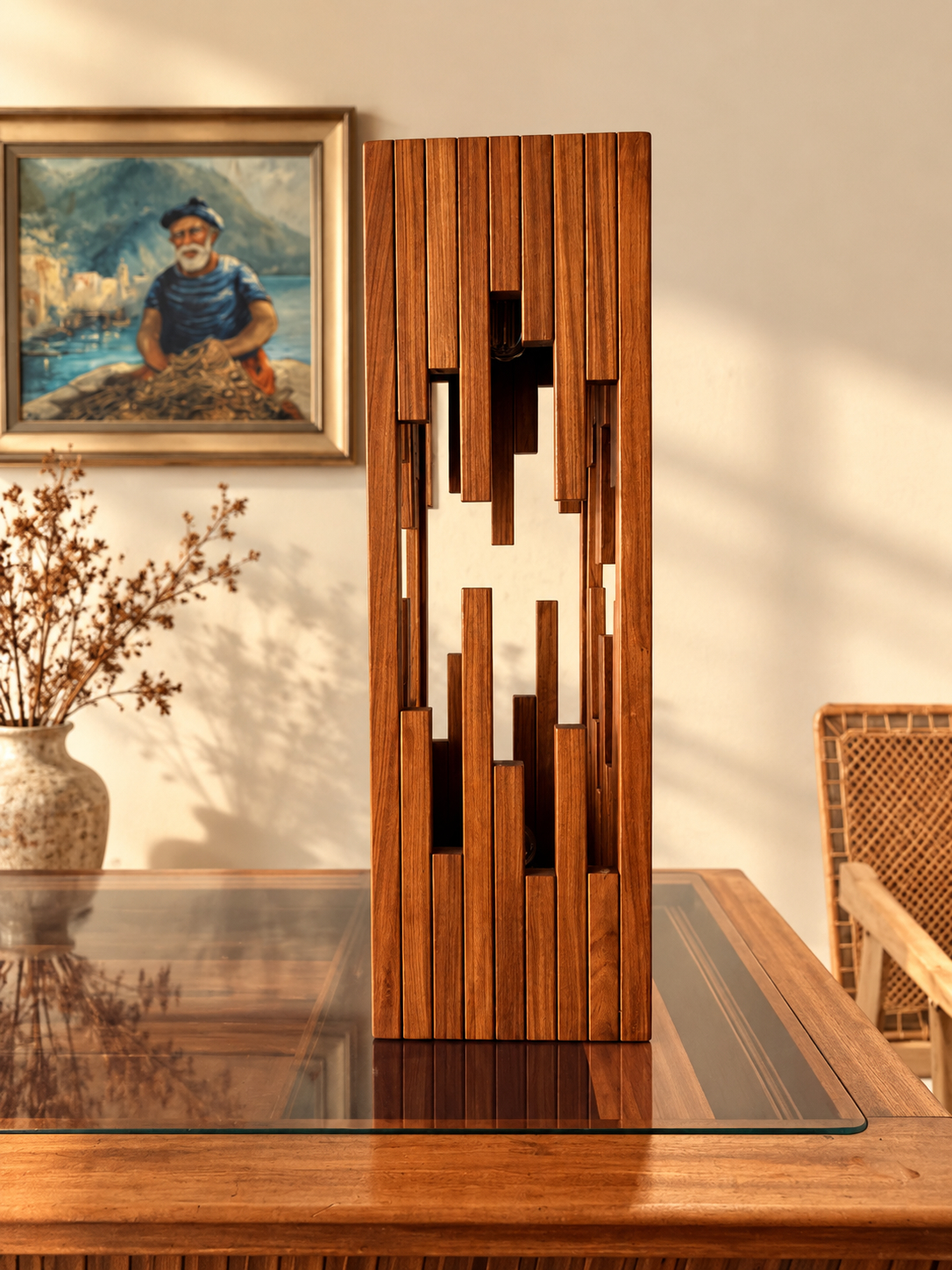 Houten sculptuur in warm interieur