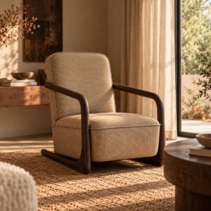 Zonnige woonkamer met houten fauteuil