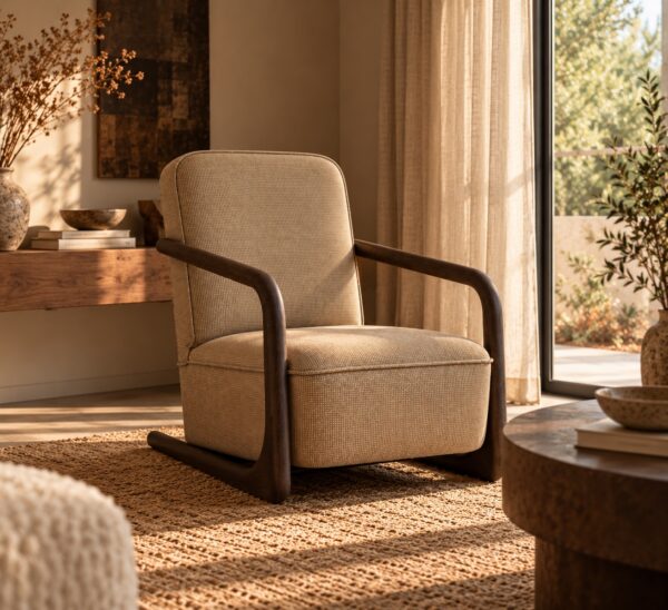 Zonnige woonkamer met houten fauteuil